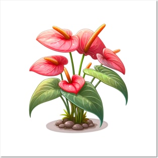 Flamingo Flower, Red Anthurium - Cartoon Houseplant Painting Posters and Art